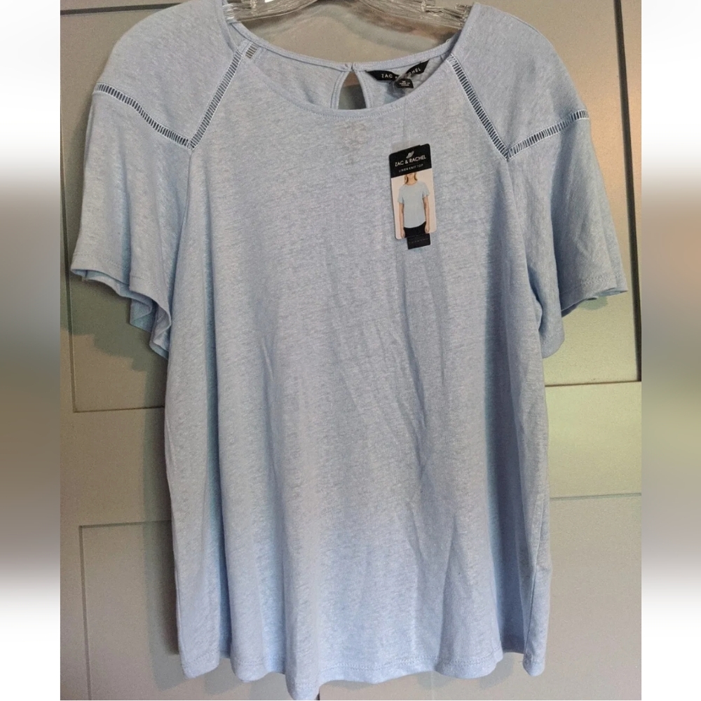 NWT Women's Zac & Rachel Chambray Blue Flutter Sleeve Linen Knit Top - Medium. - Picture 1 of 11